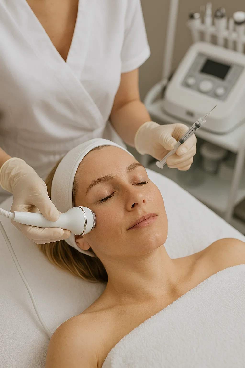 A woman receiving a non-surgical facial rejuvenation treatment at Aesthetica Shyma, showing natural glowing skin and confidence.