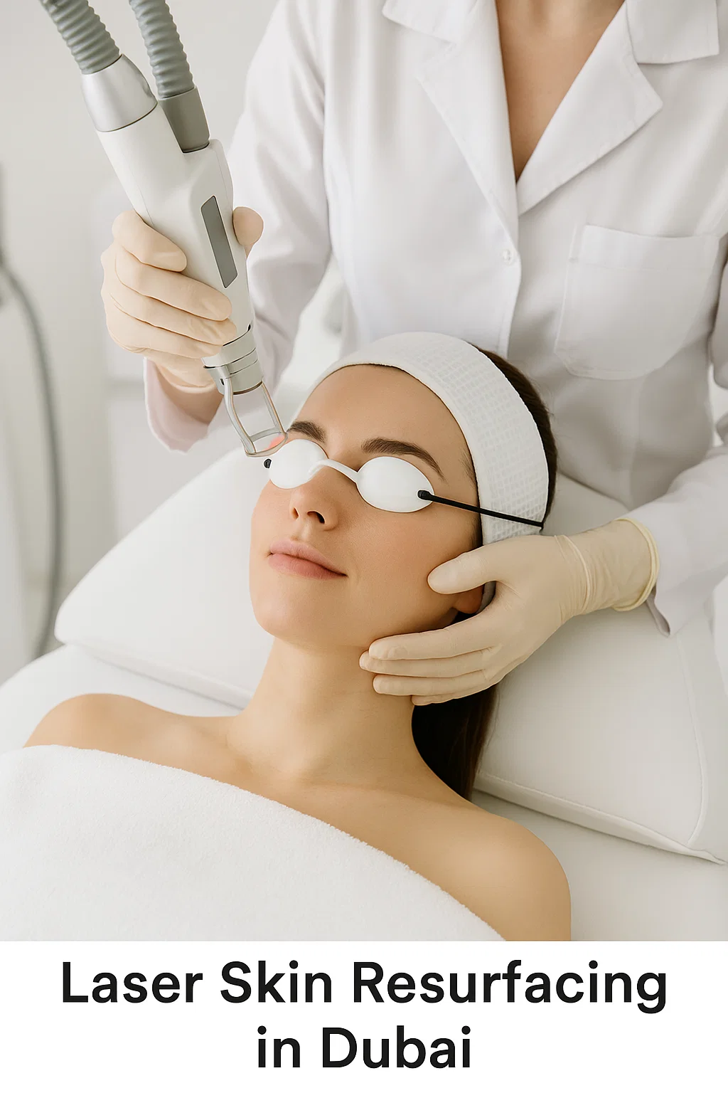 "A close-up of a woman receiving laser skin resurfacing treatment in a professional Dubai aesthetic clinic"